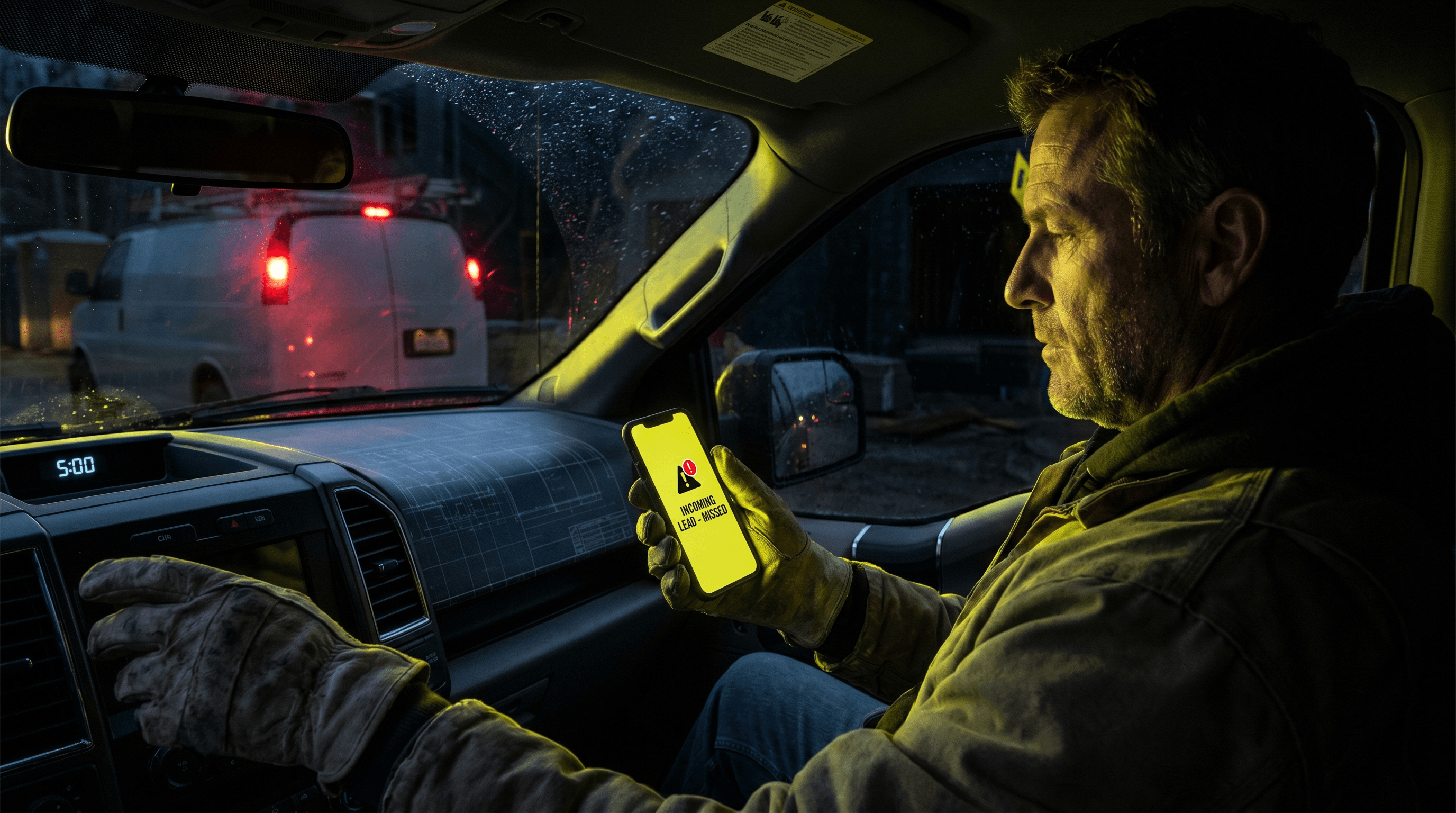 Contractor in a dark truck cab, phone glowing lime-yellow with an incoming lead notification, watching a competitor's van pull away