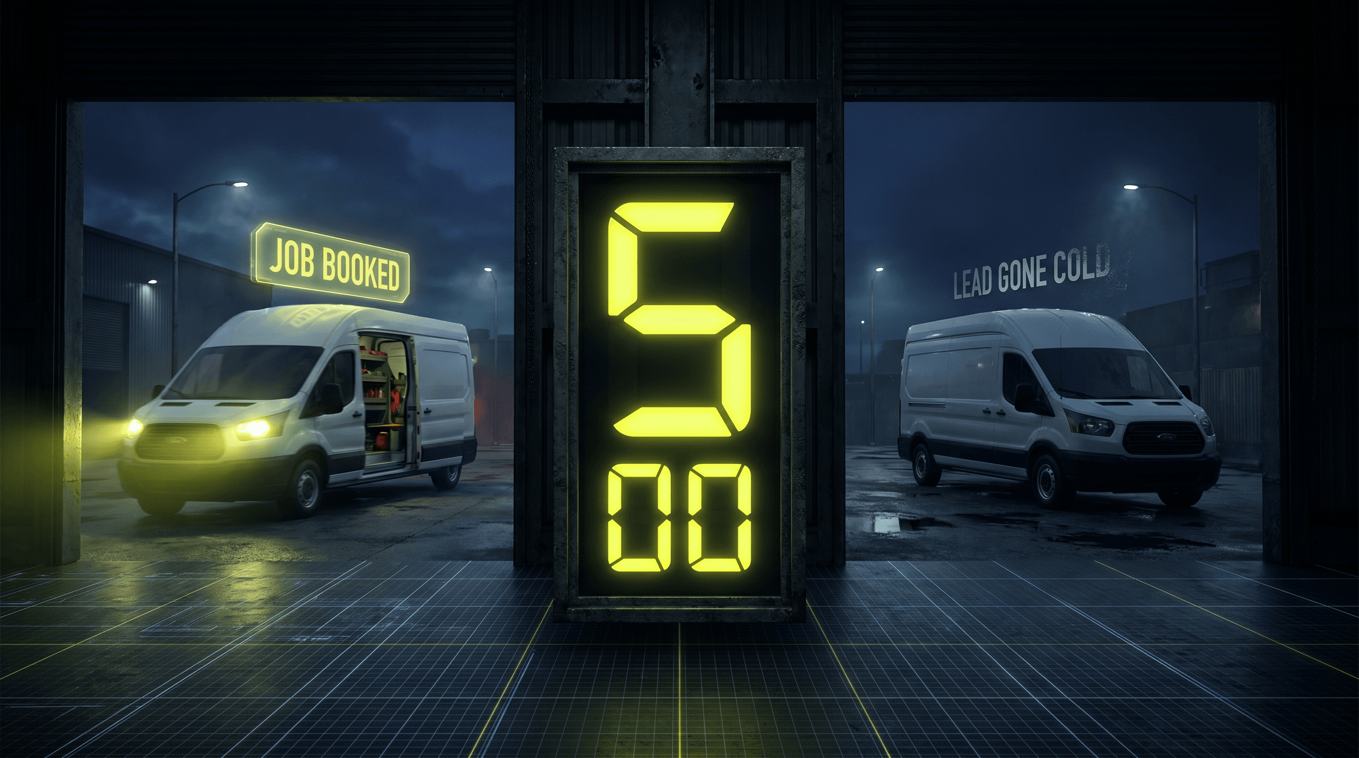 Cinematic dark scene: a glowing lime-yellow countdown clock showing 5:00, with one contractor van pulling away with a 'Job Booked' tag and another sitting dark with a 'Lead Gone Cold' tag — blueprint grid across the ground