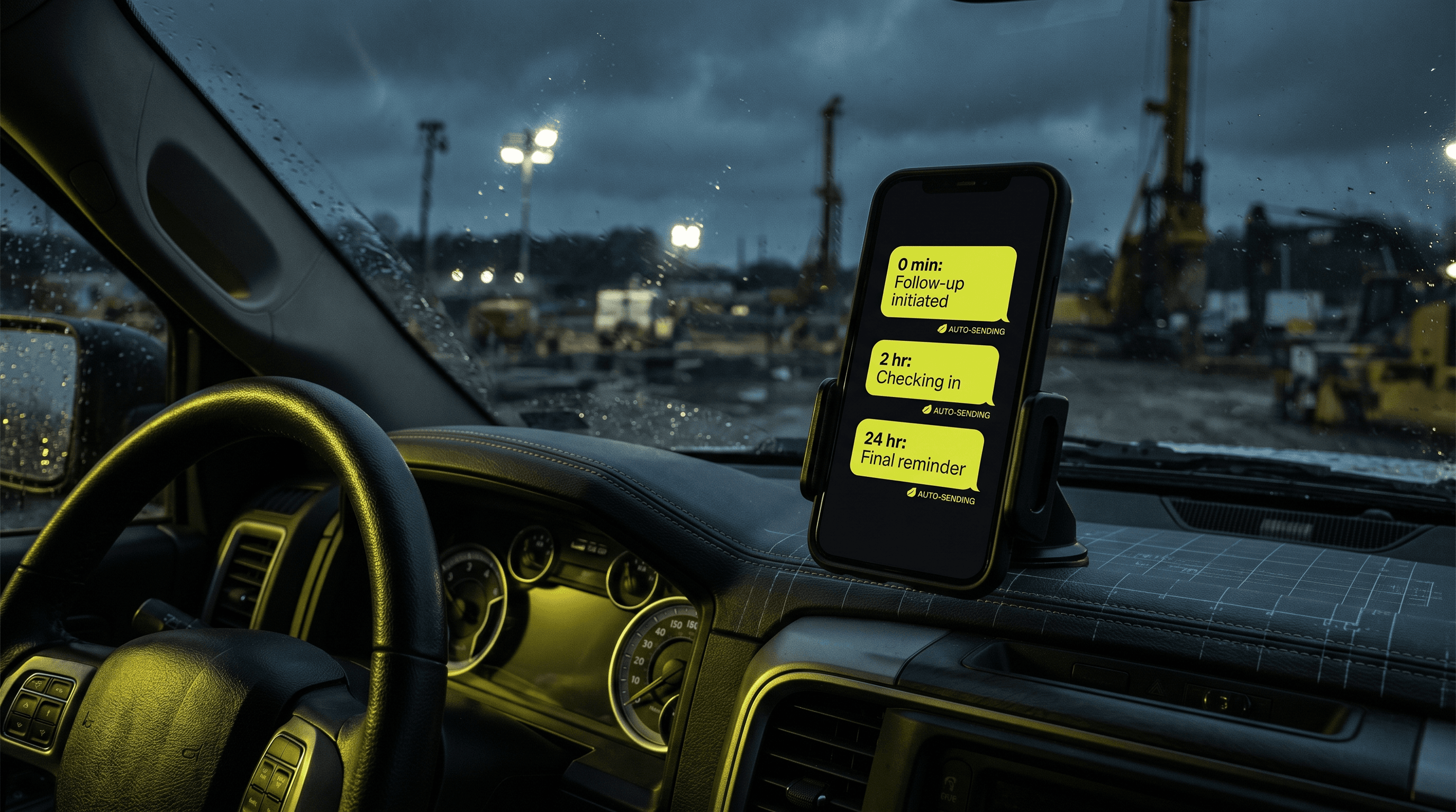 Dark smartphone resting on a truck dashboard at night, screen glowing lime-yellow with an automated follow-up text sequence showing three message bubbles timed at 0 min, 2 hr, 24 hr