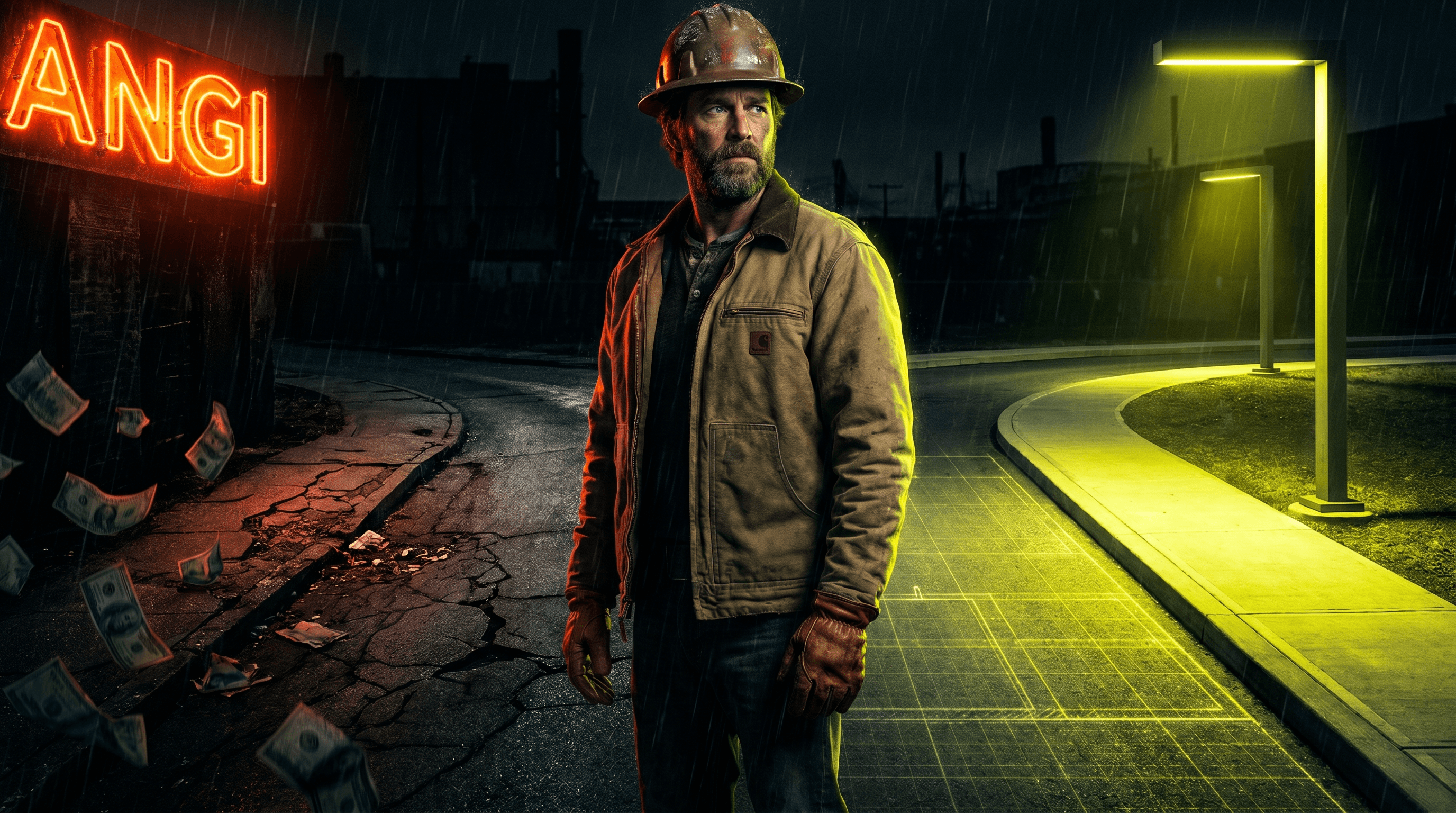 Contractor at a fork in the road at night — left path lit red by Angi neon, right path glowing electric lime-yellow toward Google LSA