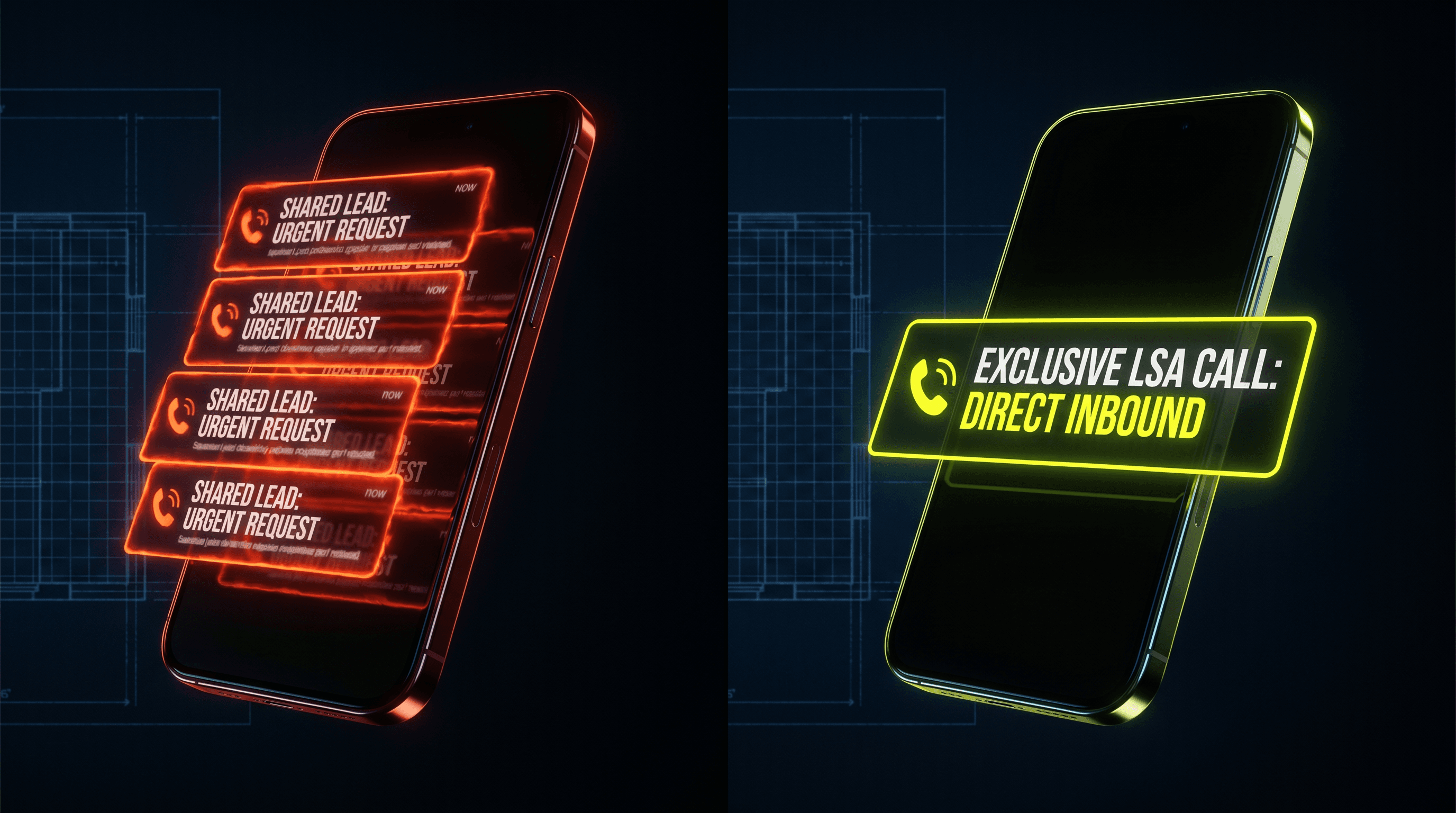 Two smartphones side by side: left screen flooded with red-orange overlapping lead notifications representing Angi shared leads, right screen showing a single clean lime-yellow inbound call representing an exclusive Google LSA lead