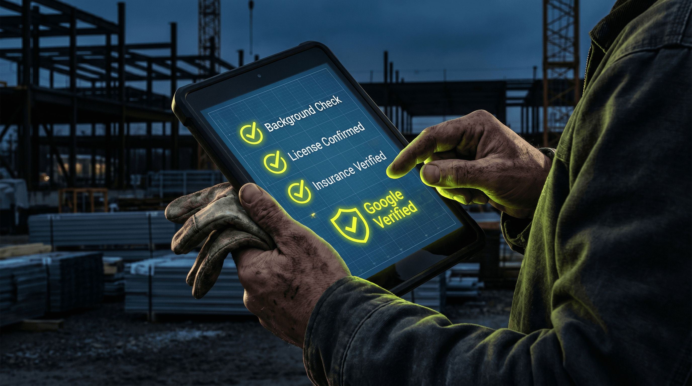 Contractor's hand holding a dark tablet displaying a three-step Google Verified checklist — Background Check, License Confirmed, Insurance Verified — each glowing electric lime-yellow, with a Google Verified shield badge at the bottom