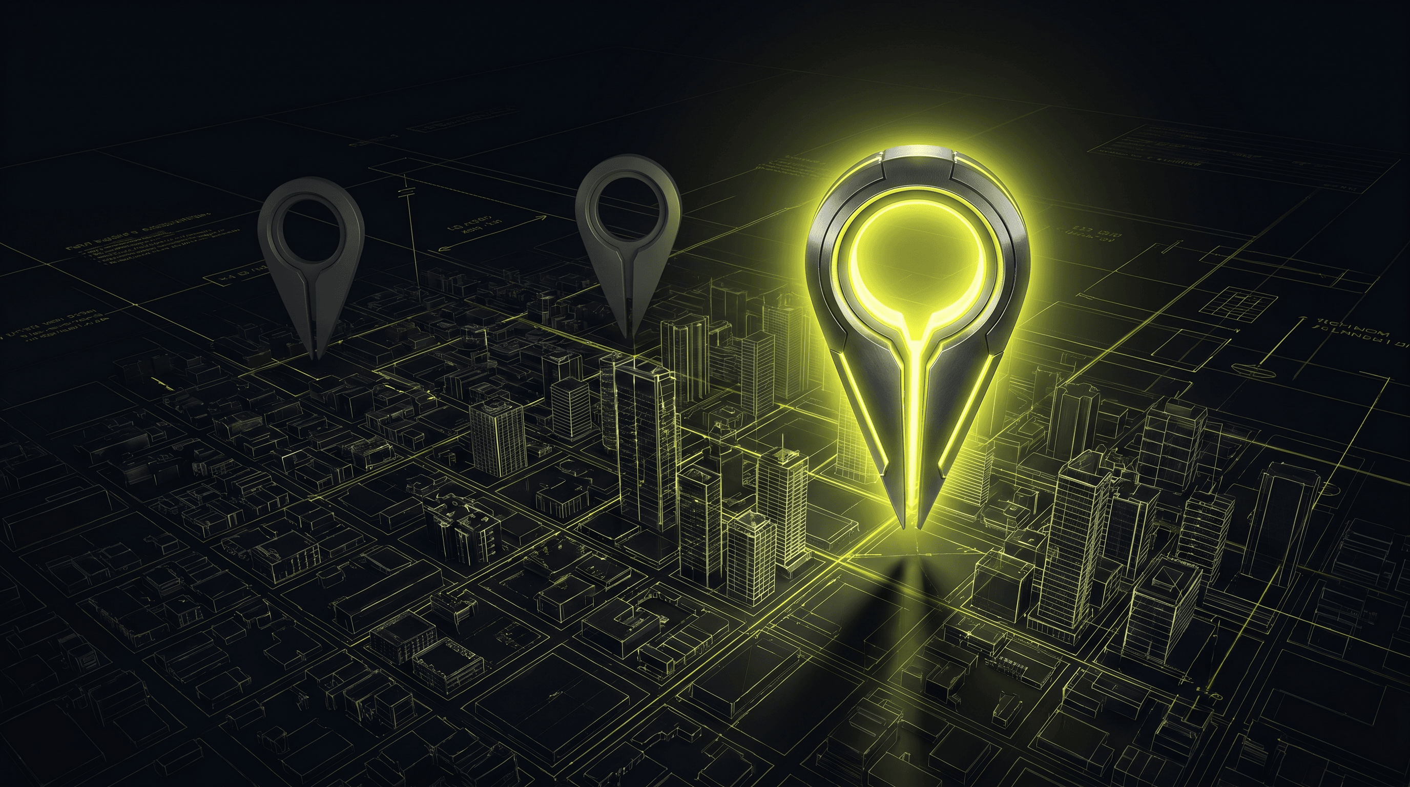 Aerial dark city grid at night with one contractor location pin glowing electric lime-yellow, towering above two dim competitors