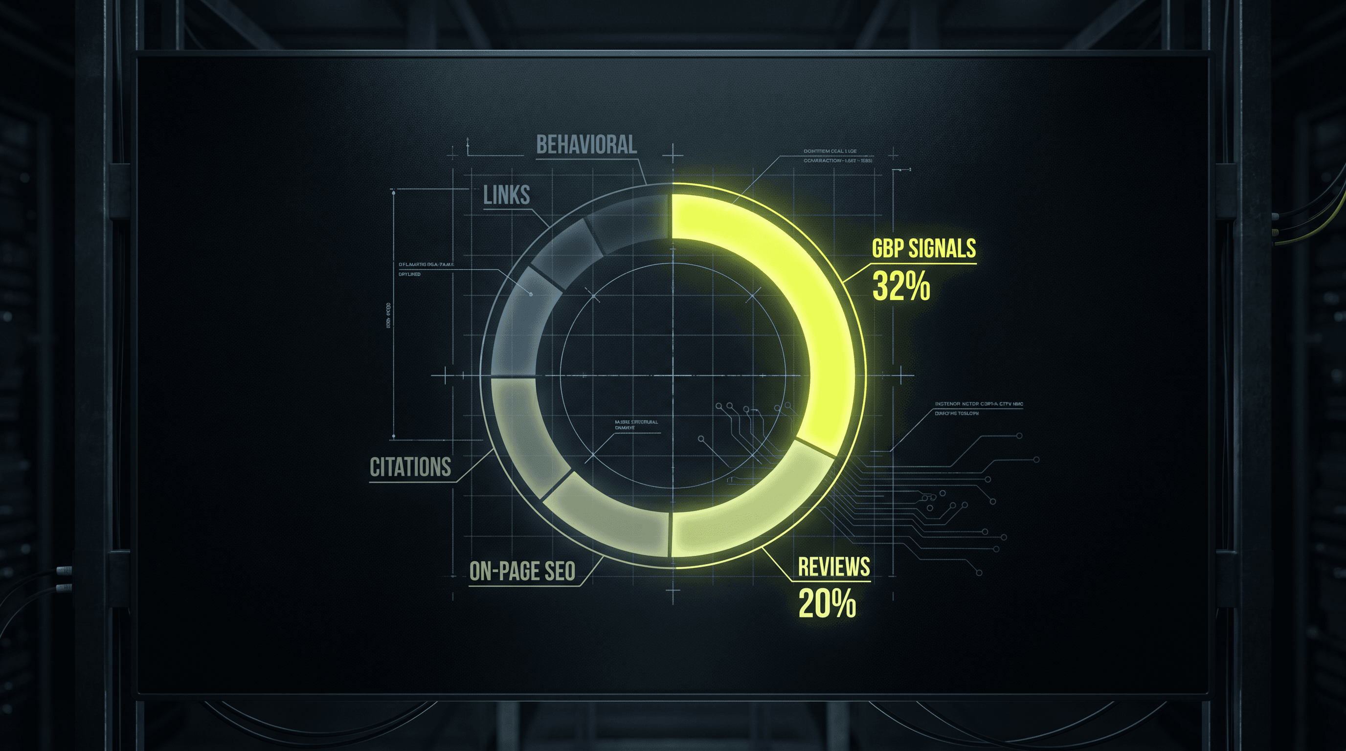 Dark donut chart data visualization on near-black background showing local SEO ranking factor weights — GBP Signals 32% glowing electric lime-yellow, Reviews 20% softer lime, remaining segments in dim grey, blueprint grid overlay