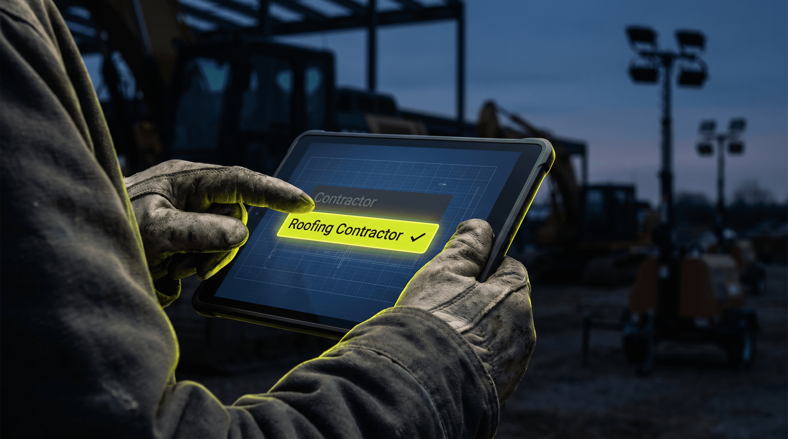 Contractor's rugged hand holding a dark tablet at a job site at dusk, screen showing a Google Business Profile category selector with 'Roofing Contractor' highlighted in electric lime-yellow replacing a greyed-out 'Contractor' option