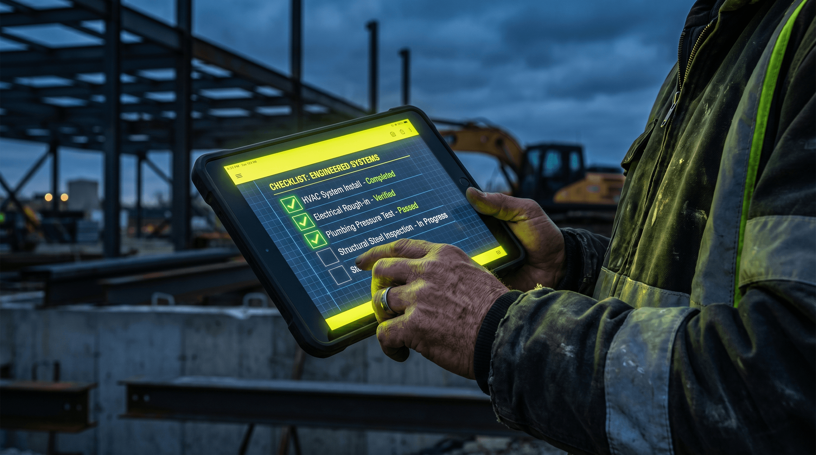 Contractor's rugged hand holding a dark tablet with a glowing lime-yellow checklist interface at a job site at dusk