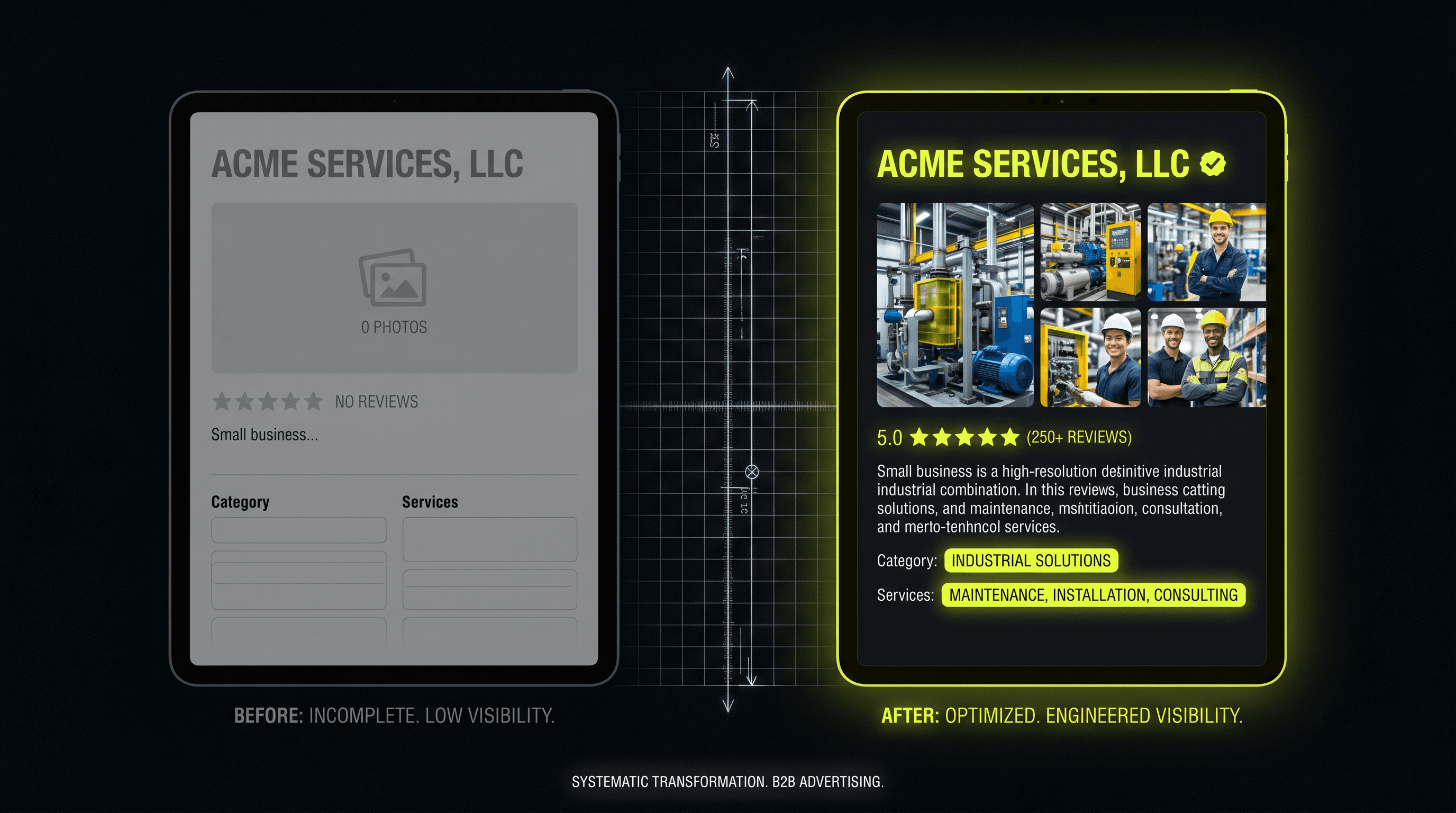 Split side-by-side Google Business Profile listing comparison — left panel dim and incomplete with grey placeholder elements, right panel fully optimized with electric lime-yellow accents, filled photos, glowing star reviews, and complete service details
