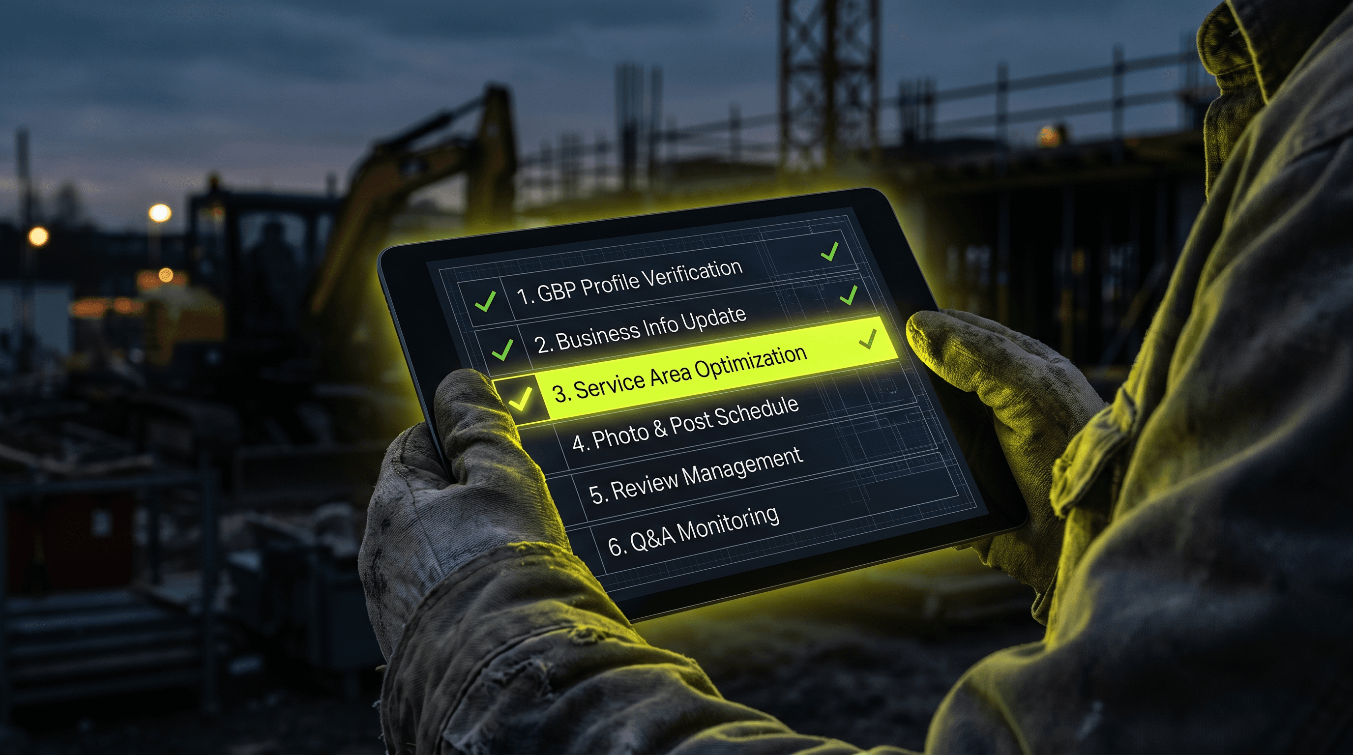 Close-up of contractor's hand holding a dark tablet showing a numbered GBP optimization checklist with items 1 through 6 visible, electric lime-yellow checkmarks appearing beside completed tasks at a dusk job site