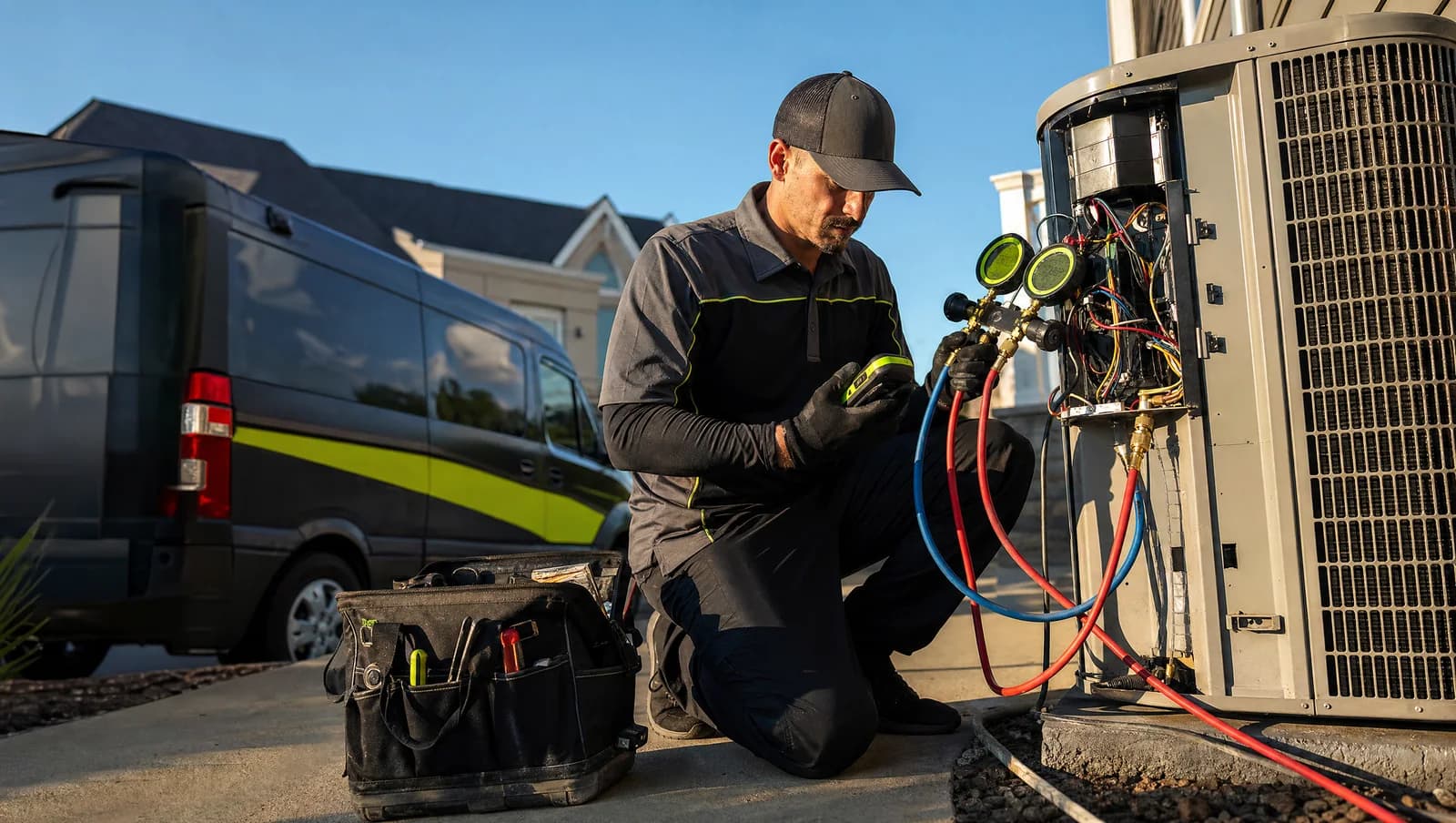 HVAC technician servicing an outdoor condenser unit
