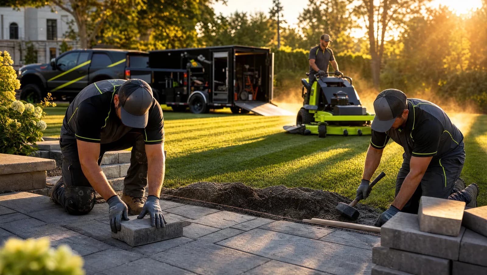 Landscaping crew working on a lawn